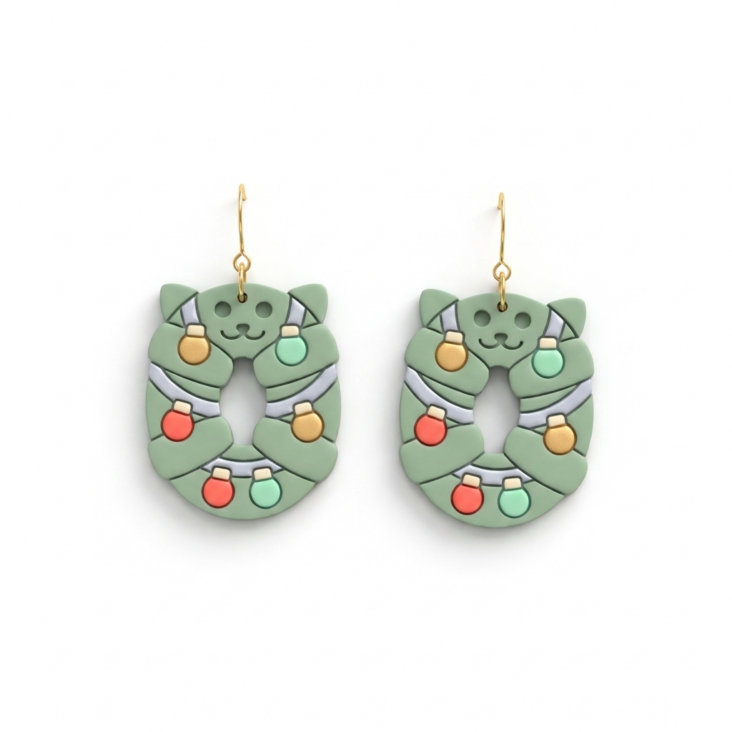 Christmas Wreath Cat Polymer Clay Cutter | Festive Earring Tool