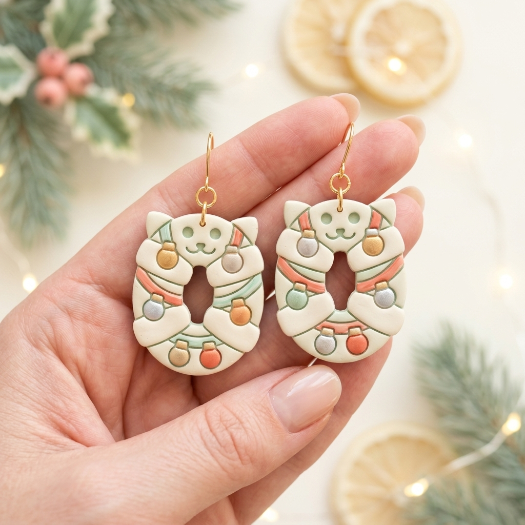 Christmas Wreath Cat Polymer Clay Cutter | Festive Earring Tool