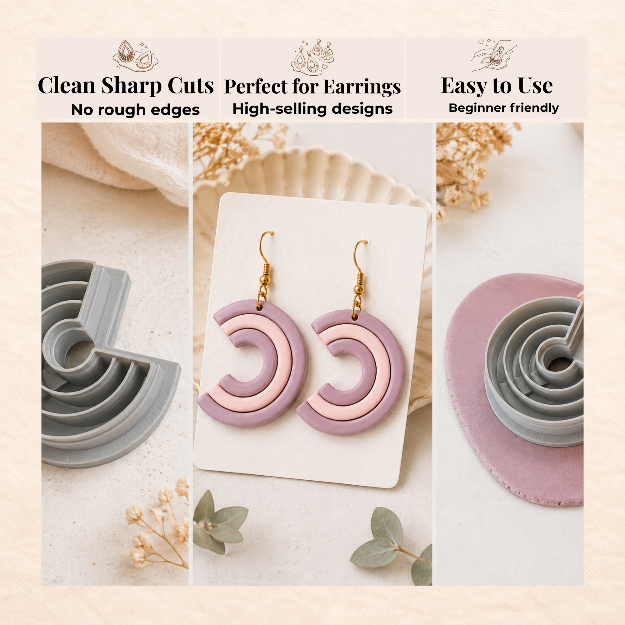 Circle Hoop with Lines Polymer Clay Cutter 25–40mm | Geometric Earring Cutter | IrisCrafts7