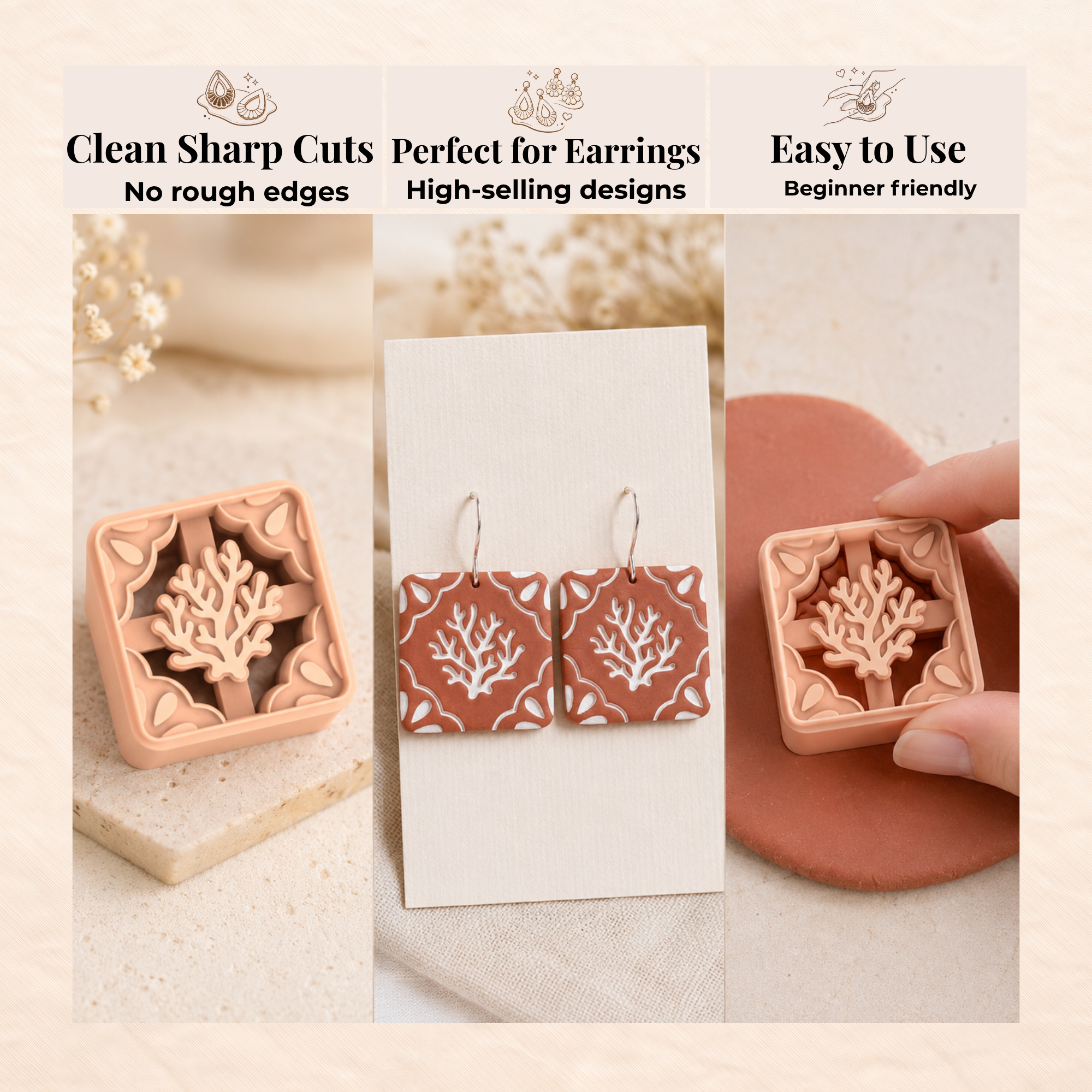 Coral Tile Polymer Clay Cutter | 20–40mm | Coral Tile Shape Clay Cutter | Earring Jewellery Making Tool