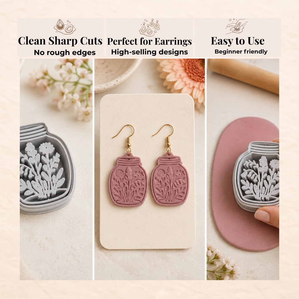 Cottagecore Jar with Wildflowers Polymer Clay Cutter | 30mm 35mm 40mm 45mm 50mm | Sharp Earring Cutter | Floral Clay Tool | Polymer Clay Jewellery Making