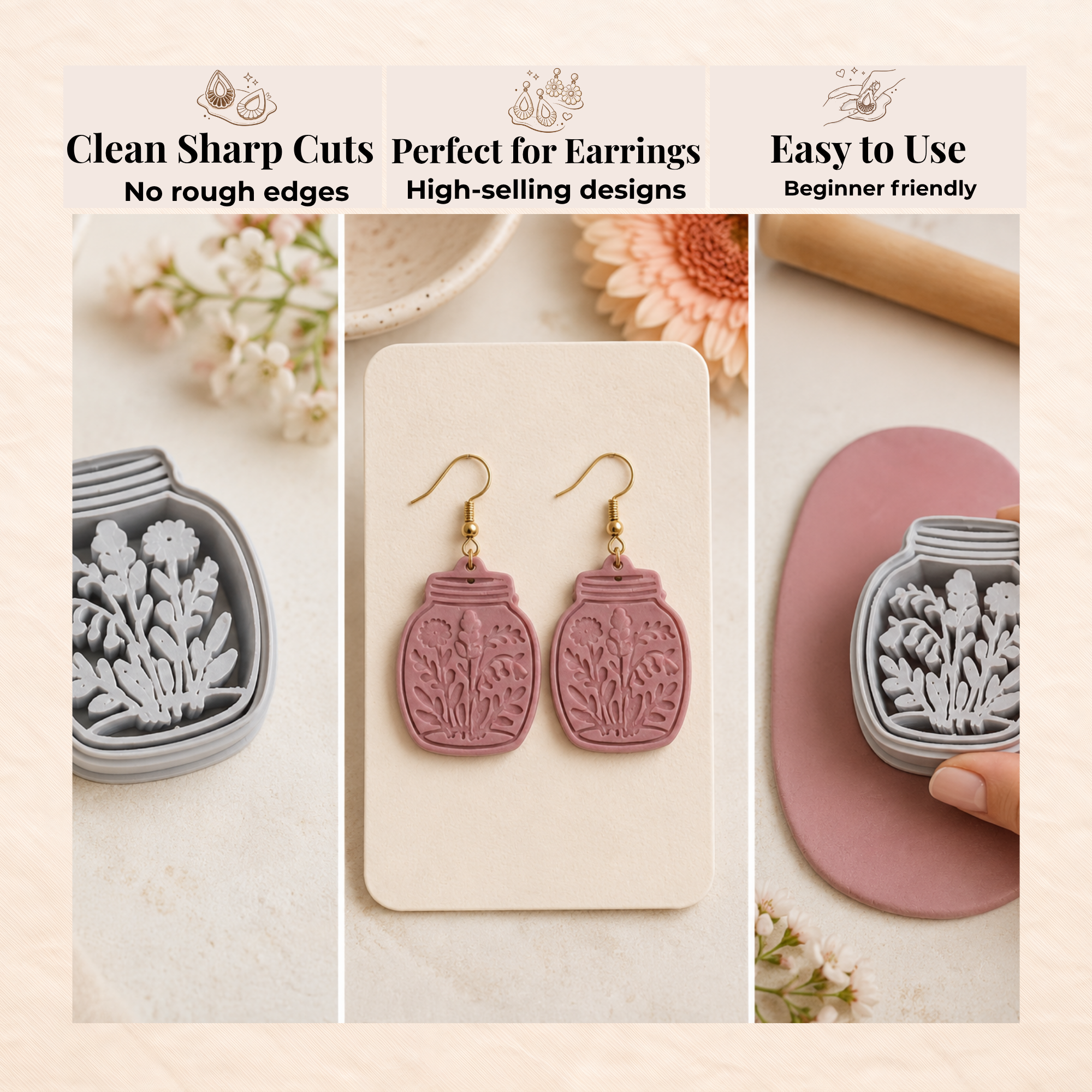 Cottagecore Jar with Wildflowers Polymer Clay Cutter | 30mm 35mm 40mm 45mm 50mm | Sharp Earring Cutter | Floral Clay Tool | Polymer Clay Jewellery Making