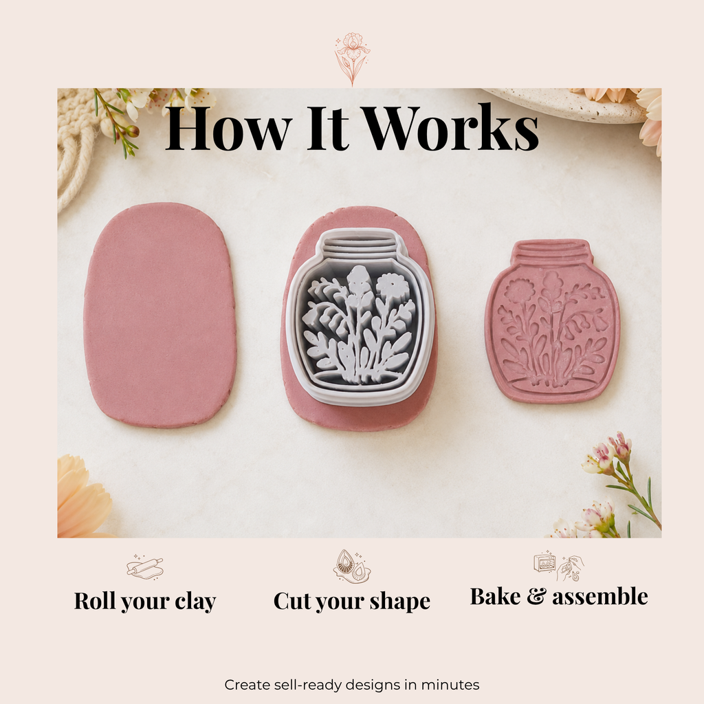 Cottagecore Jar with Wildflowers Polymer Clay Cutter | 30mm 35mm 40mm 45mm 50mm | Sharp Earring Cutter | Floral Clay Tool | Polymer Clay Jewellery Making