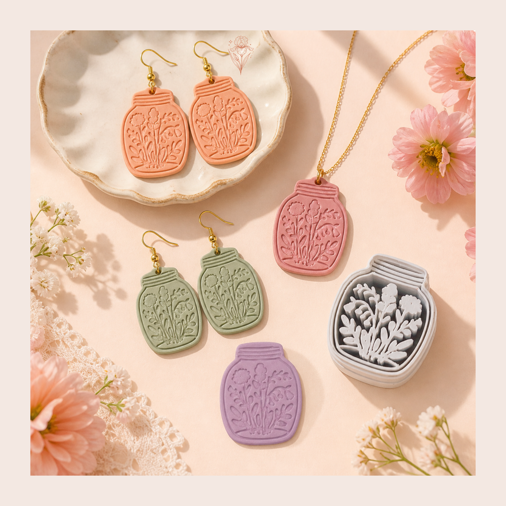 Cottagecore Jar with Wildflowers Polymer Clay Cutter | 30mm 35mm 40mm 45mm 50mm | Sharp Earring Cutter | Floral Clay Tool | Polymer Clay Jewellery Making
