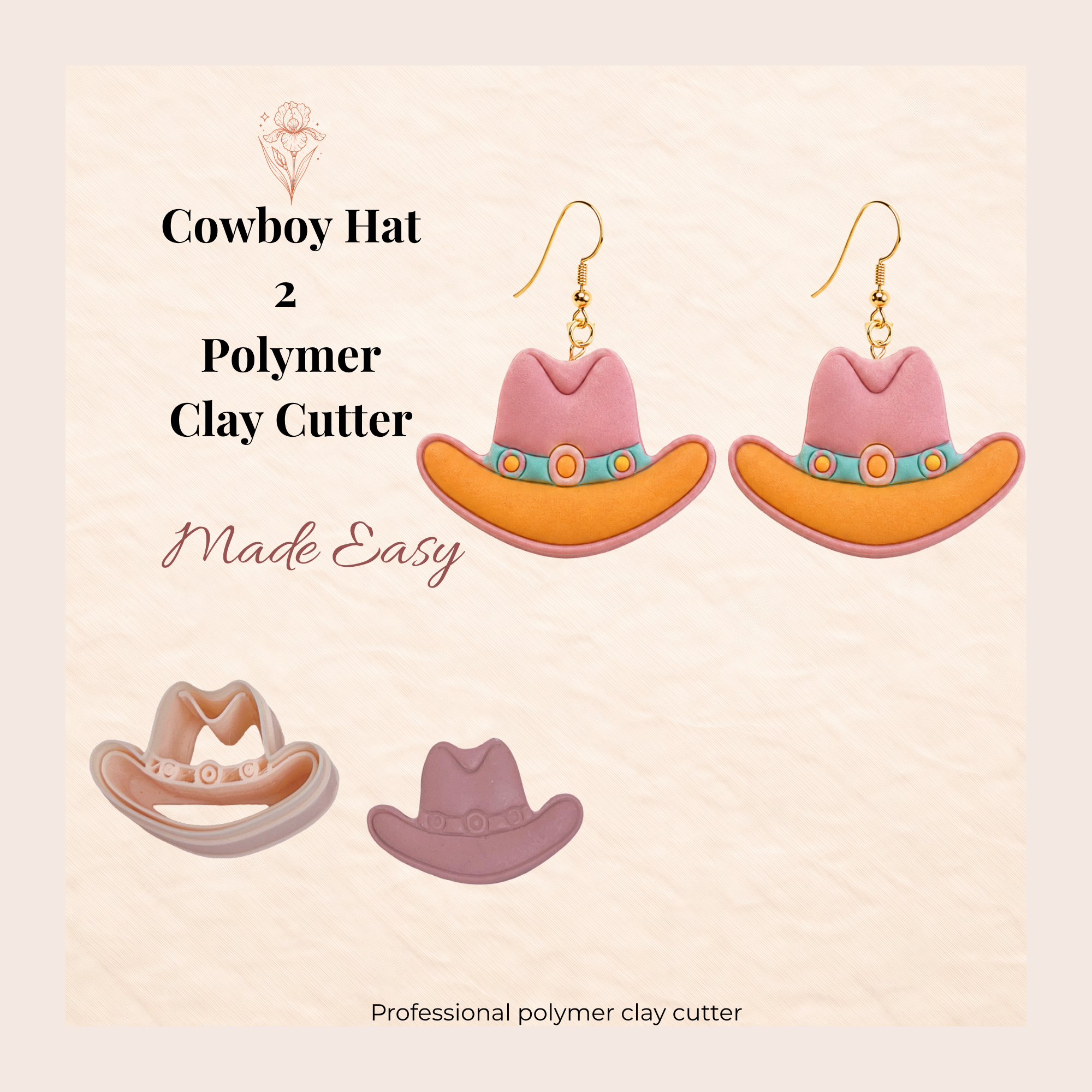 Cowboy Hat 2 Polymer Clay Cutter | 25–45mm | Cowboy Hat Shape Clay Cutter | Earring Jewellery Making Tool