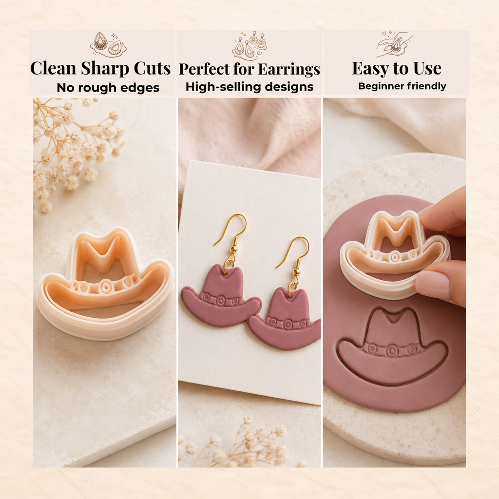 Cowboy Hat 2 Polymer Clay Cutter | 25–45mm | Cowboy Hat Shape Clay Cutter | Earring Jewellery Making Tool