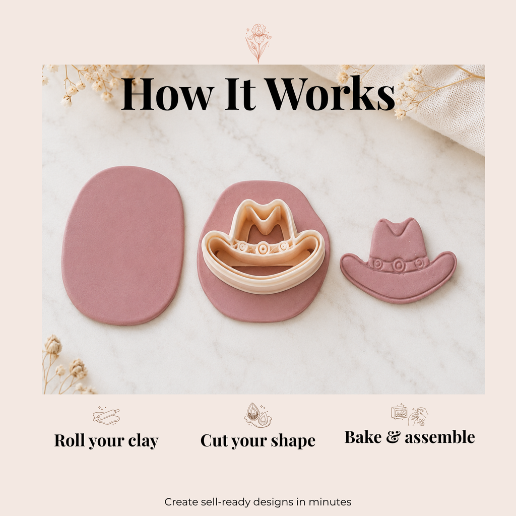 Cowboy Hat 2 Polymer Clay Cutter | 25–45mm | Cowboy Hat Shape Clay Cutter | Earring Jewellery Making Tool
