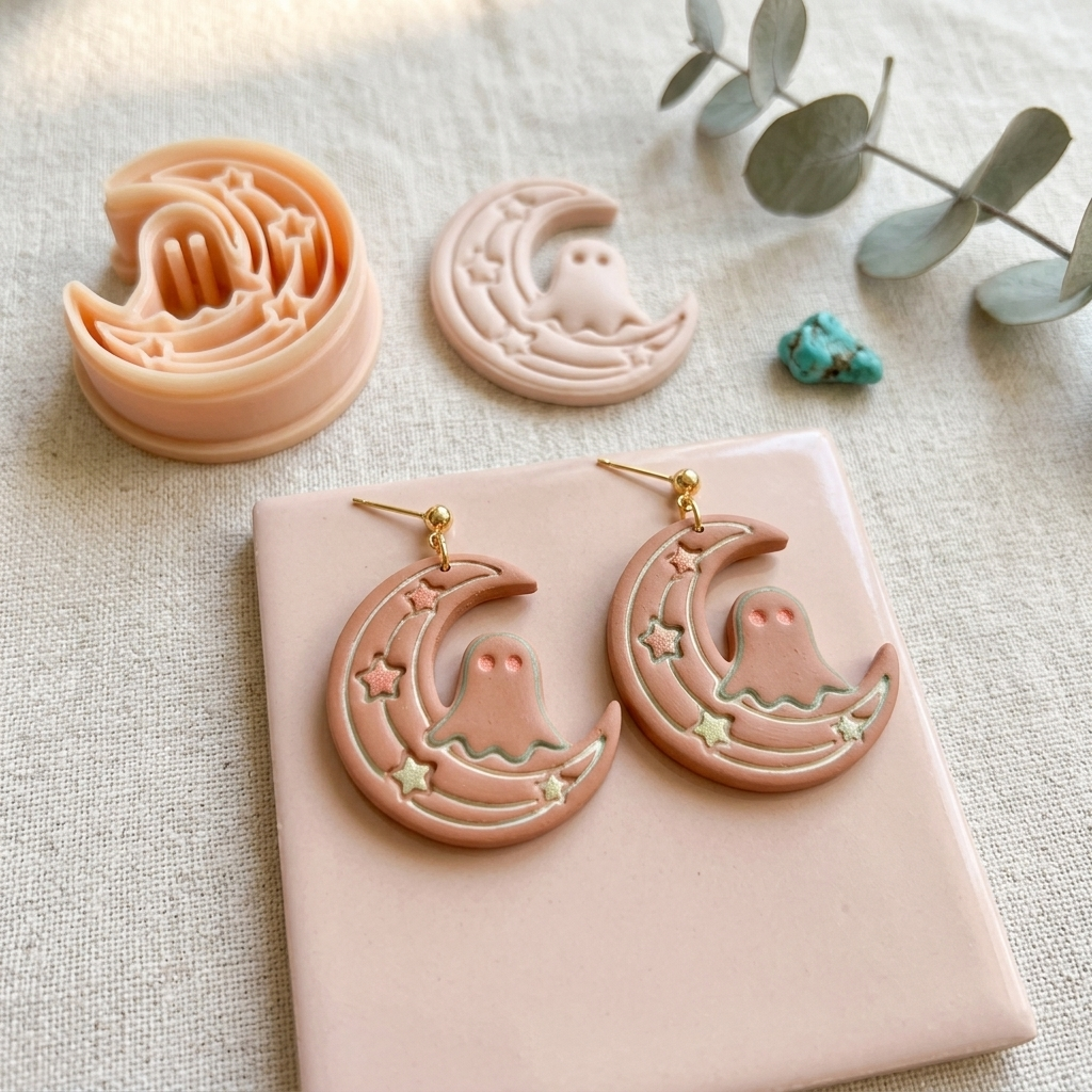 Crescent Moon with Ghost Polymer Clay Cutter | 25–50mm Halloween Earring Cutter | IrisCrafts7