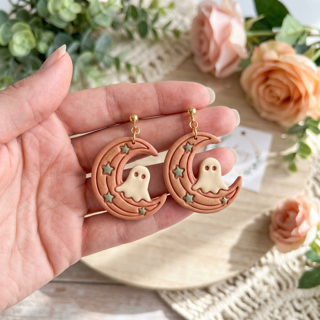 Crescent Moon with Ghost Polymer Clay Cutter | 25–50mm Halloween Earring Cutter | IrisCrafts7