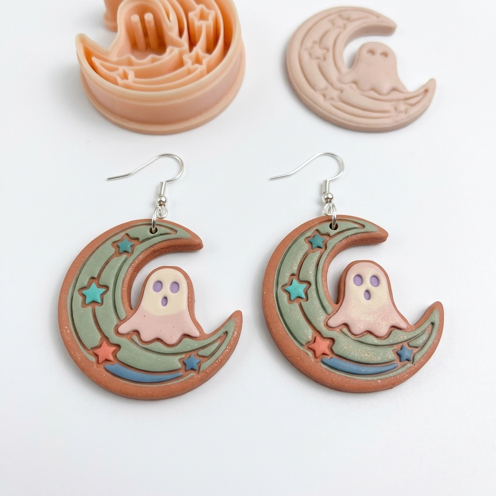 Crescent Moon with Ghost Polymer Clay Cutter | 25–50mm Halloween Earring Cutter | IrisCrafts7