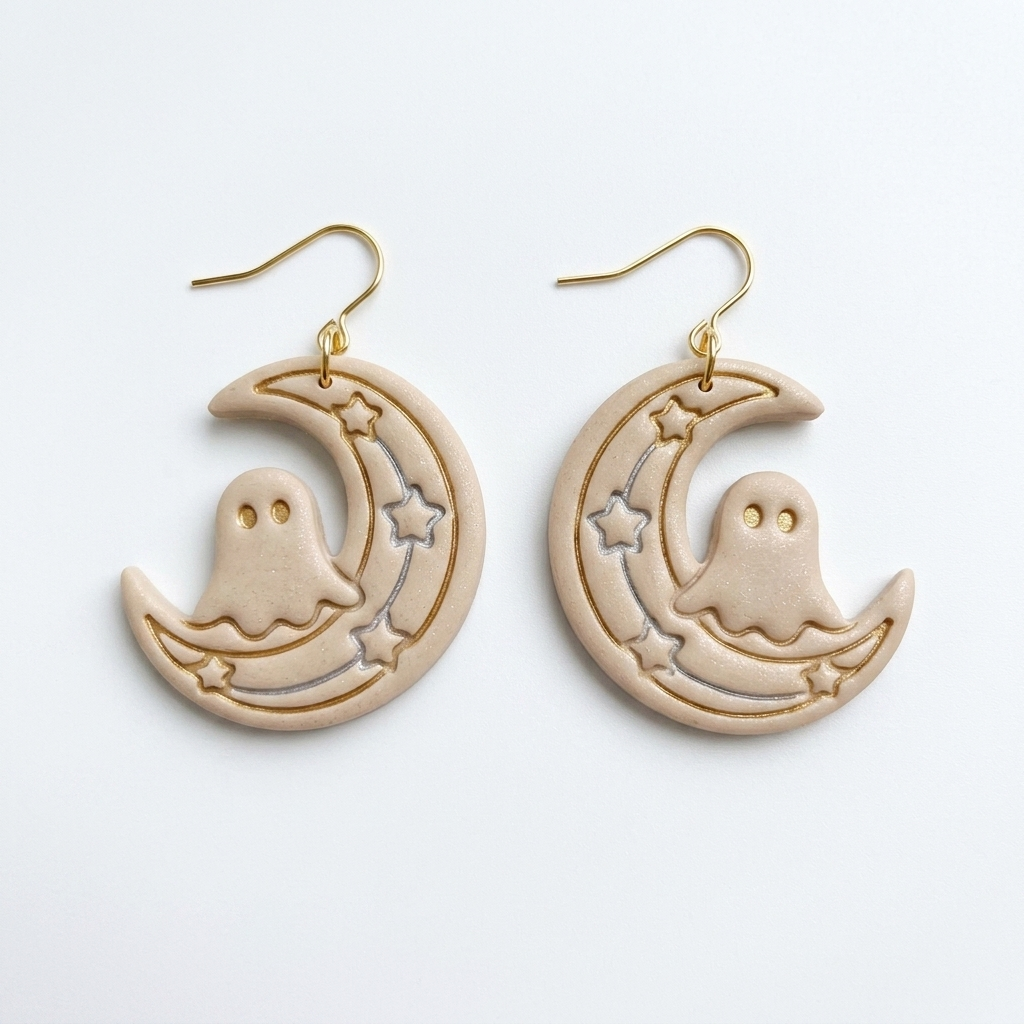 Crescent Moon with Ghost Polymer Clay Cutter | 25–50mm Halloween Earring Cutter | IrisCrafts7