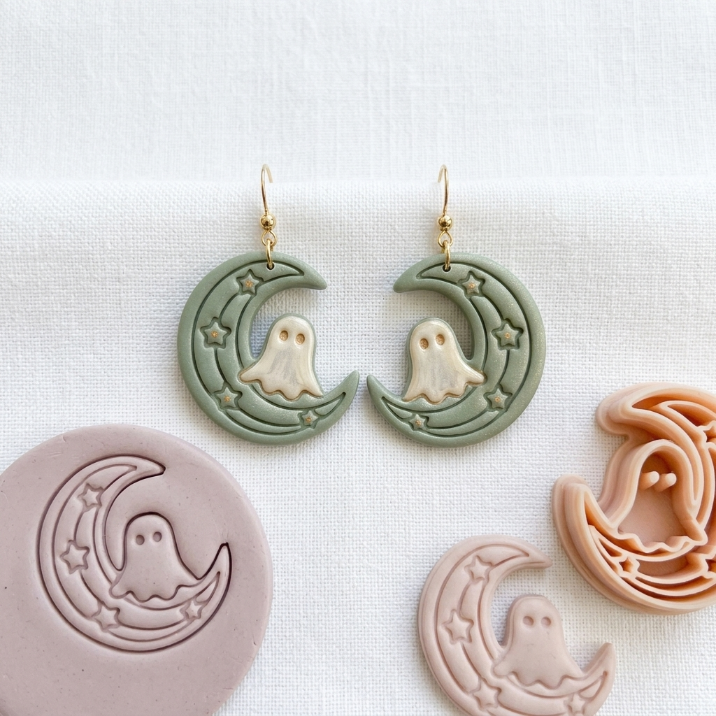 Crescent Moon with Ghost Polymer Clay Cutter | 25–50mm Halloween Earring Cutter | IrisCrafts7