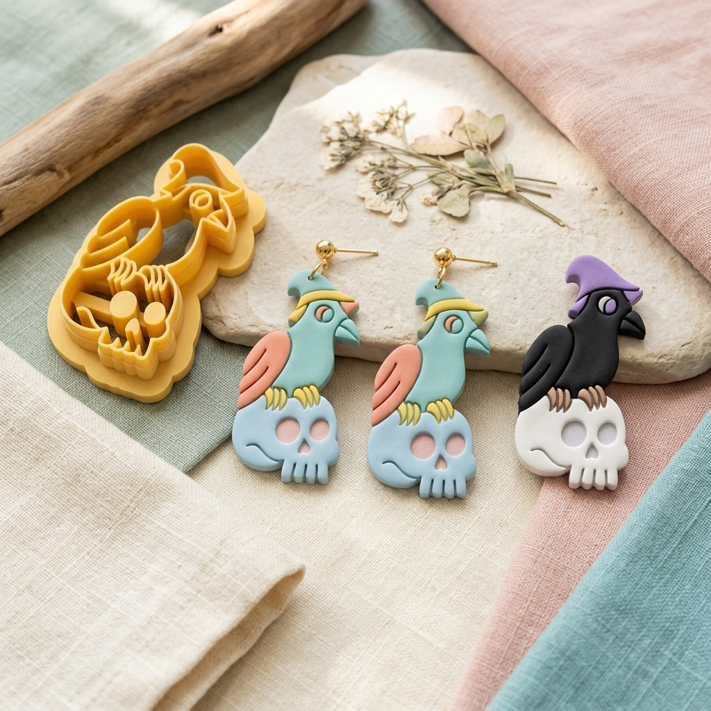 Crow with Skull Polymer Clay Cutter | 30–50mm Halloween Gothic Earring Cutter | IrisCrafts7