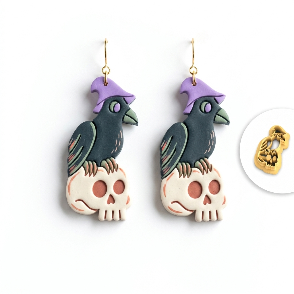Crow with Skull Polymer Clay Cutter | 30–50mm Halloween Gothic Earring Cutter | IrisCrafts7