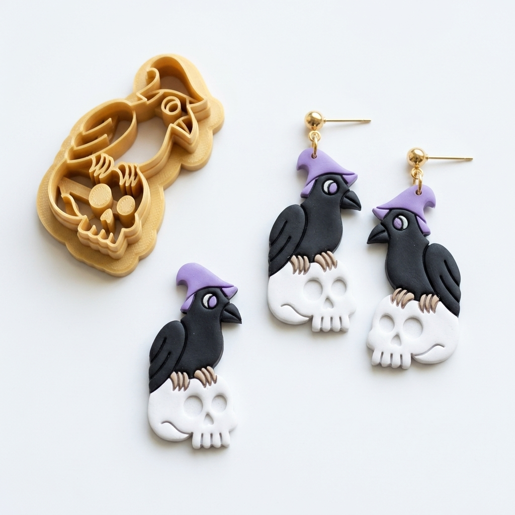 Crow with Skull Polymer Clay Cutter | 30–50mm Halloween Gothic Earring Cutter | IrisCrafts7