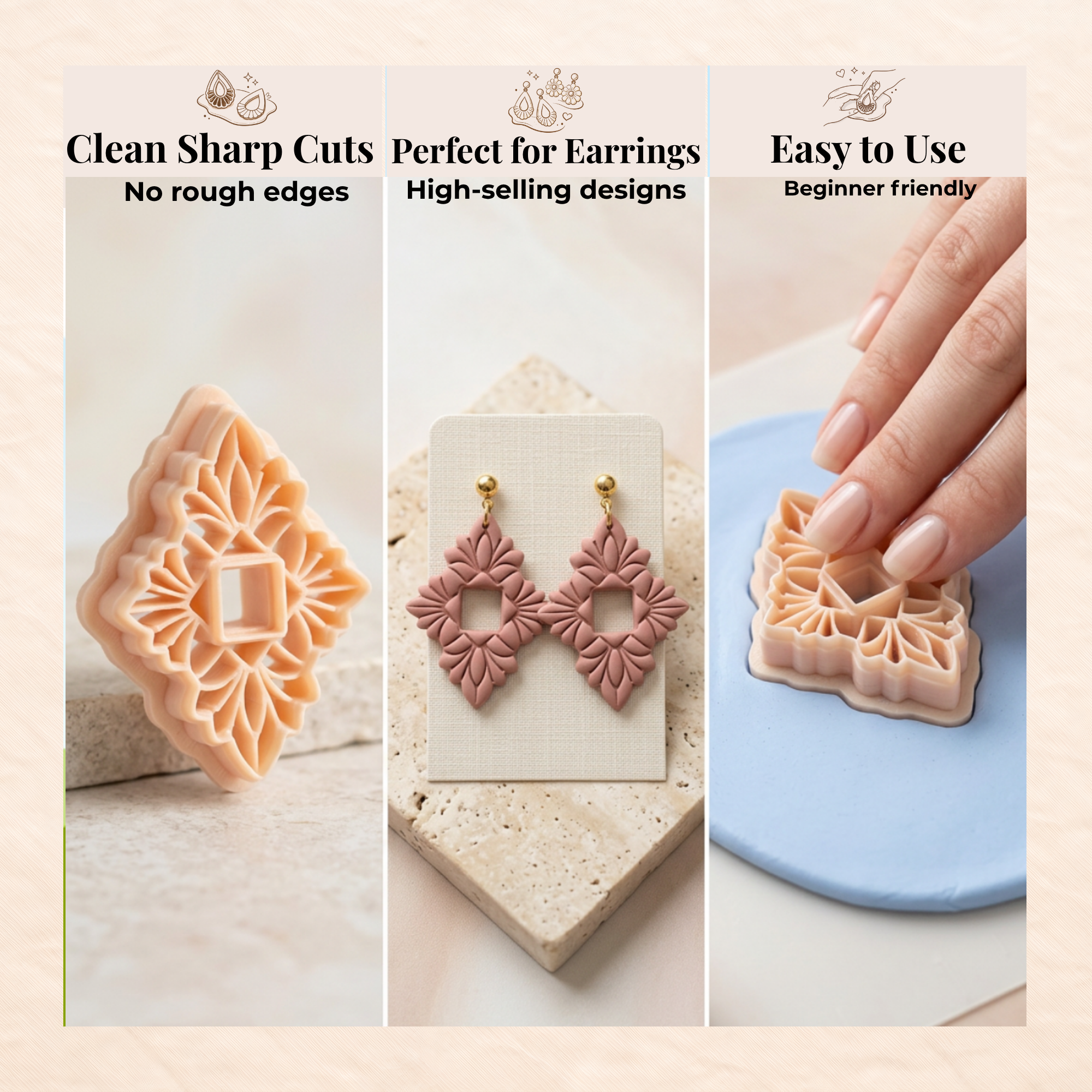 Dahlia Diamond Polymer Clay Cutter | 3D Printed Floral Clay Earring Cutter | Diamond Shape Cutter for Clay Jewellery Making | Clay Earring Tool