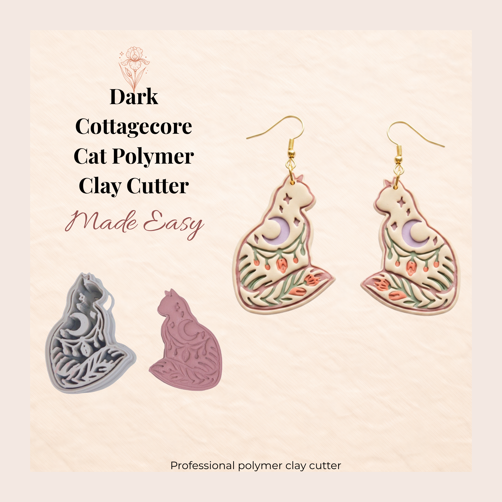 Dark Cottagecore Cat Polymer Clay Cutter 30–50mm | Gothic Whimsical Earring Cutter | IrisCrafts7