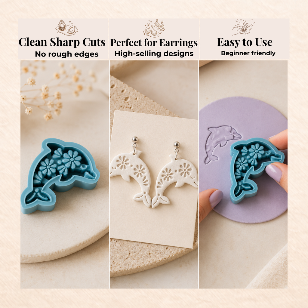 Dolphin Bloom Polymer Clay Cutter | 30–45mm | Dolphin Shape Clay Cutter | Earring Jewellery Making Tool