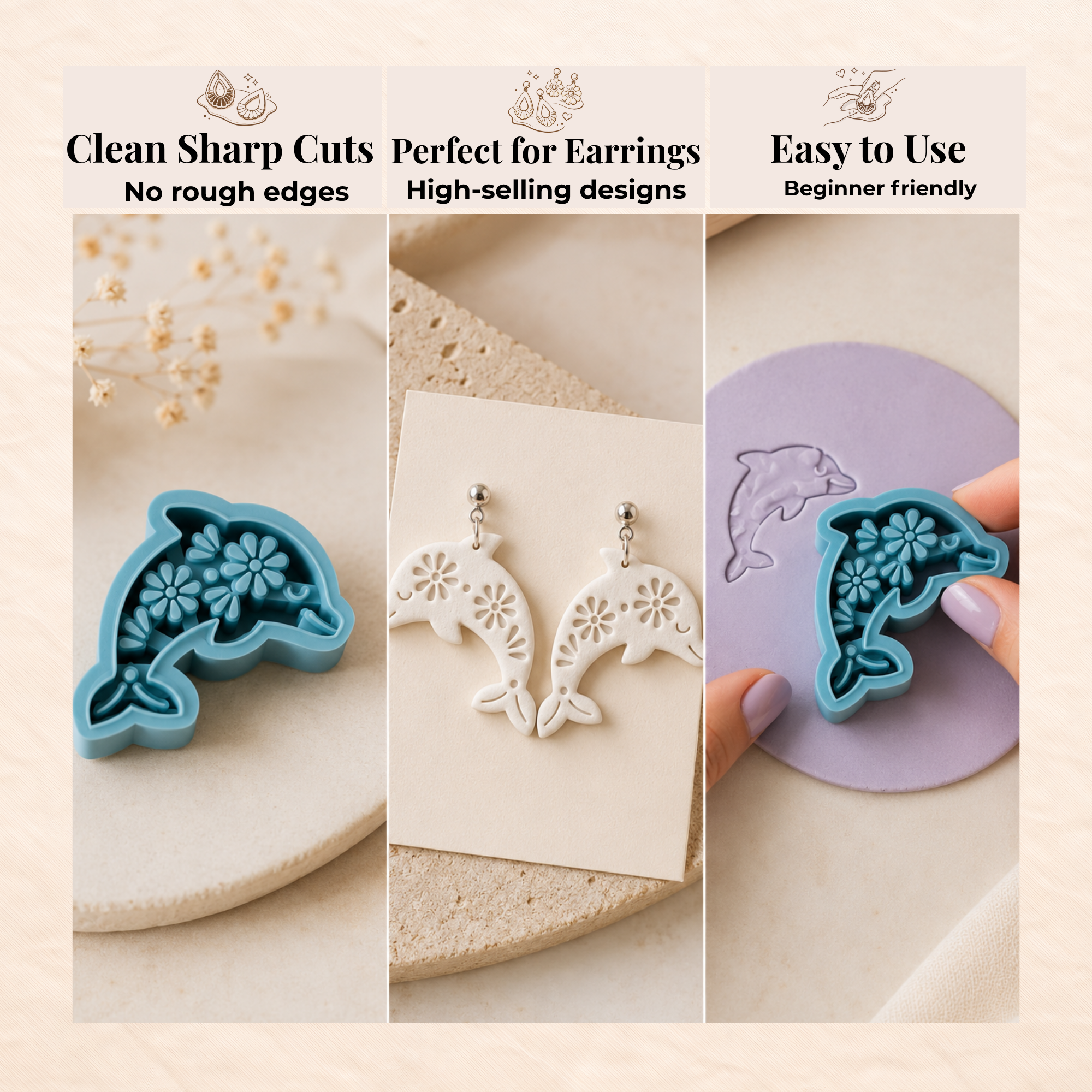 Dolphin Bloom Polymer Clay Cutter | 30–45mm | Dolphin Shape Clay Cutter | Earring Jewellery Making Tool