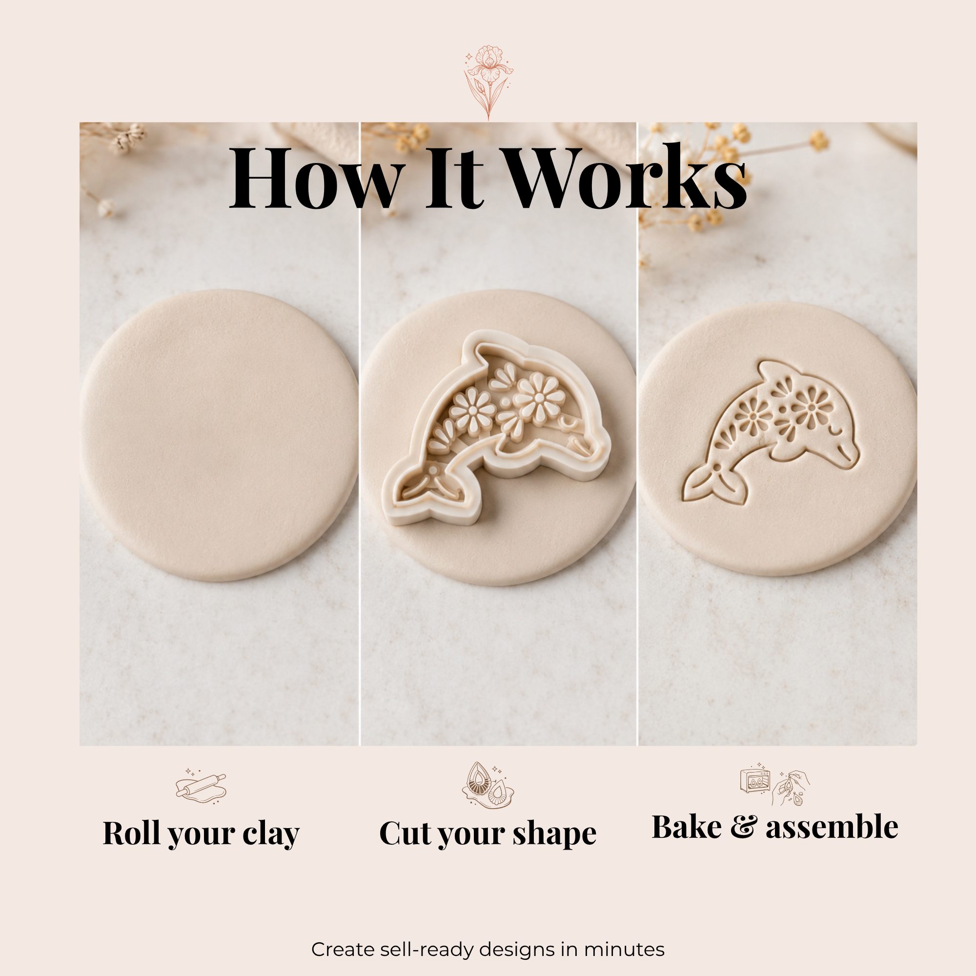 Dolphin Bloom Polymer Clay Cutter | 30–45mm | Dolphin Shape Clay Cutter | Earring Jewellery Making Tool