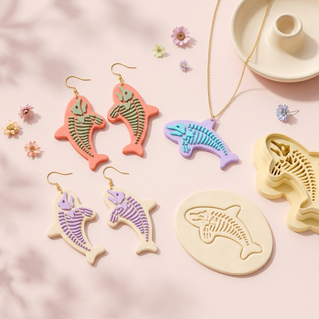 Dolphin Skeleton 2 Polymer Clay Cutter | 25–45mm Halloween Gothic Earring Cutter | IrisCrafts7