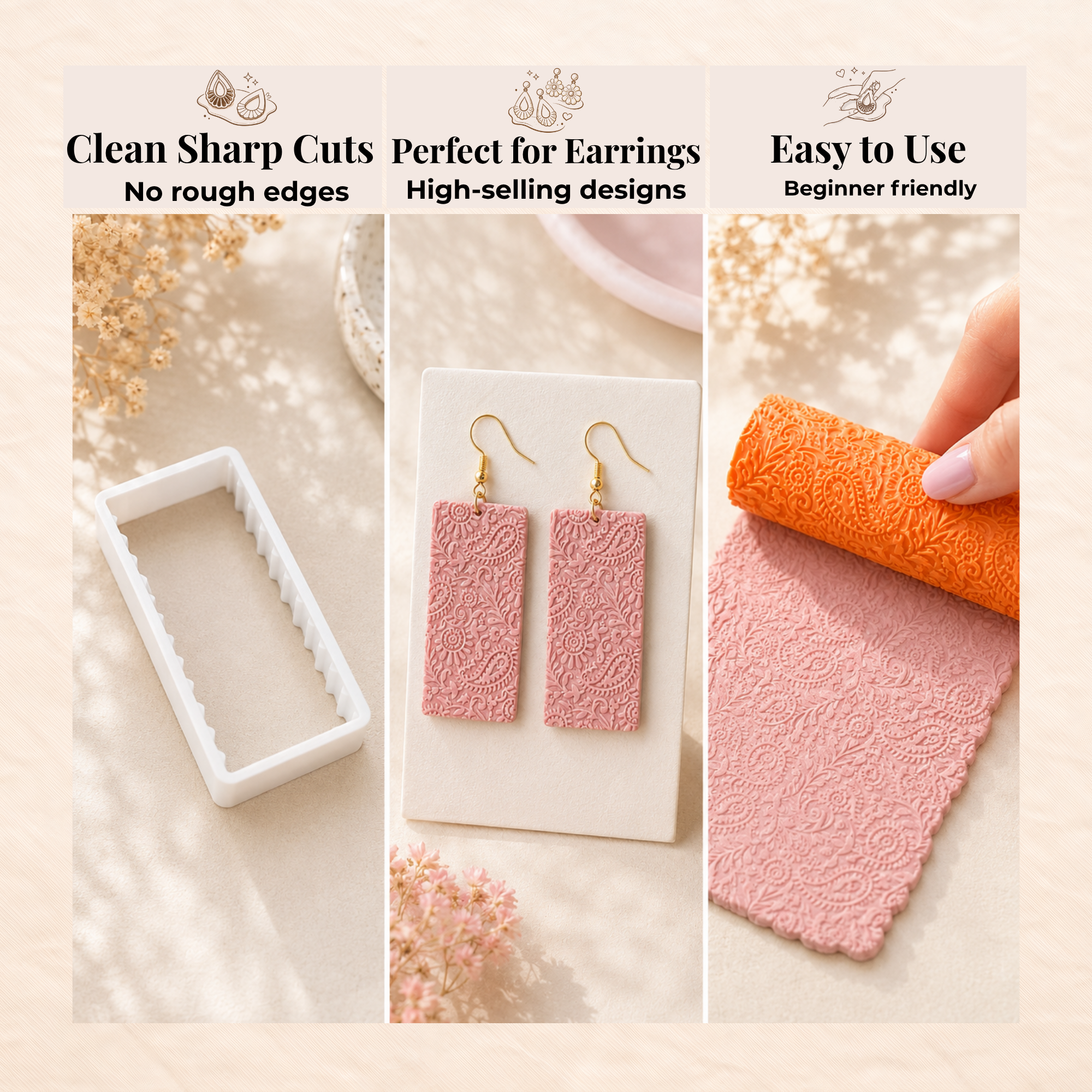 Ethnic 3 Texture Roller for Polymer Clay | 24x80mm | Patterned Clay Roller | Jewellery Making Tool