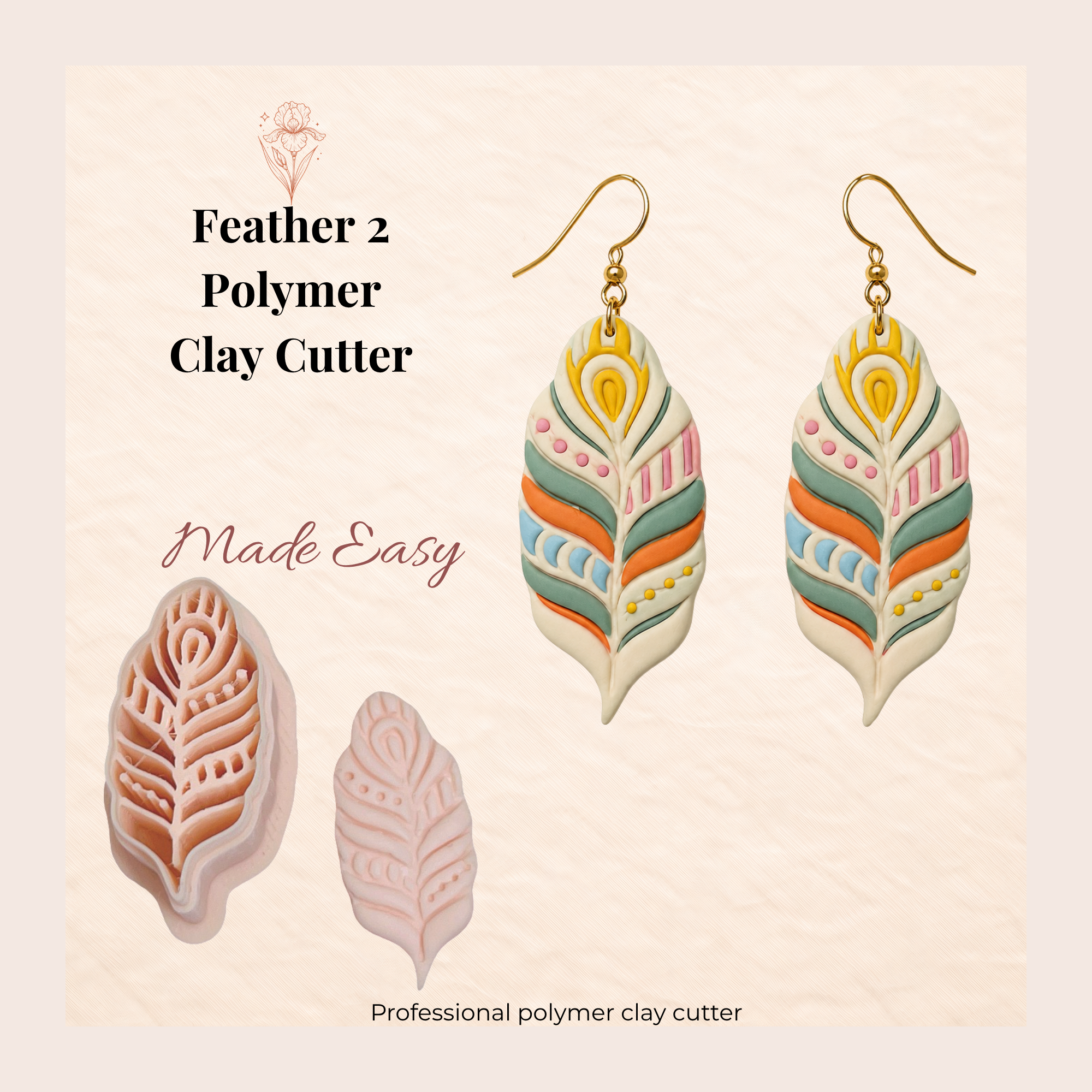 Feather 2 Polymer Clay Cutter | 30–50mm | Feather Shape Clay Cutter | Earring Jewellery Making Tool