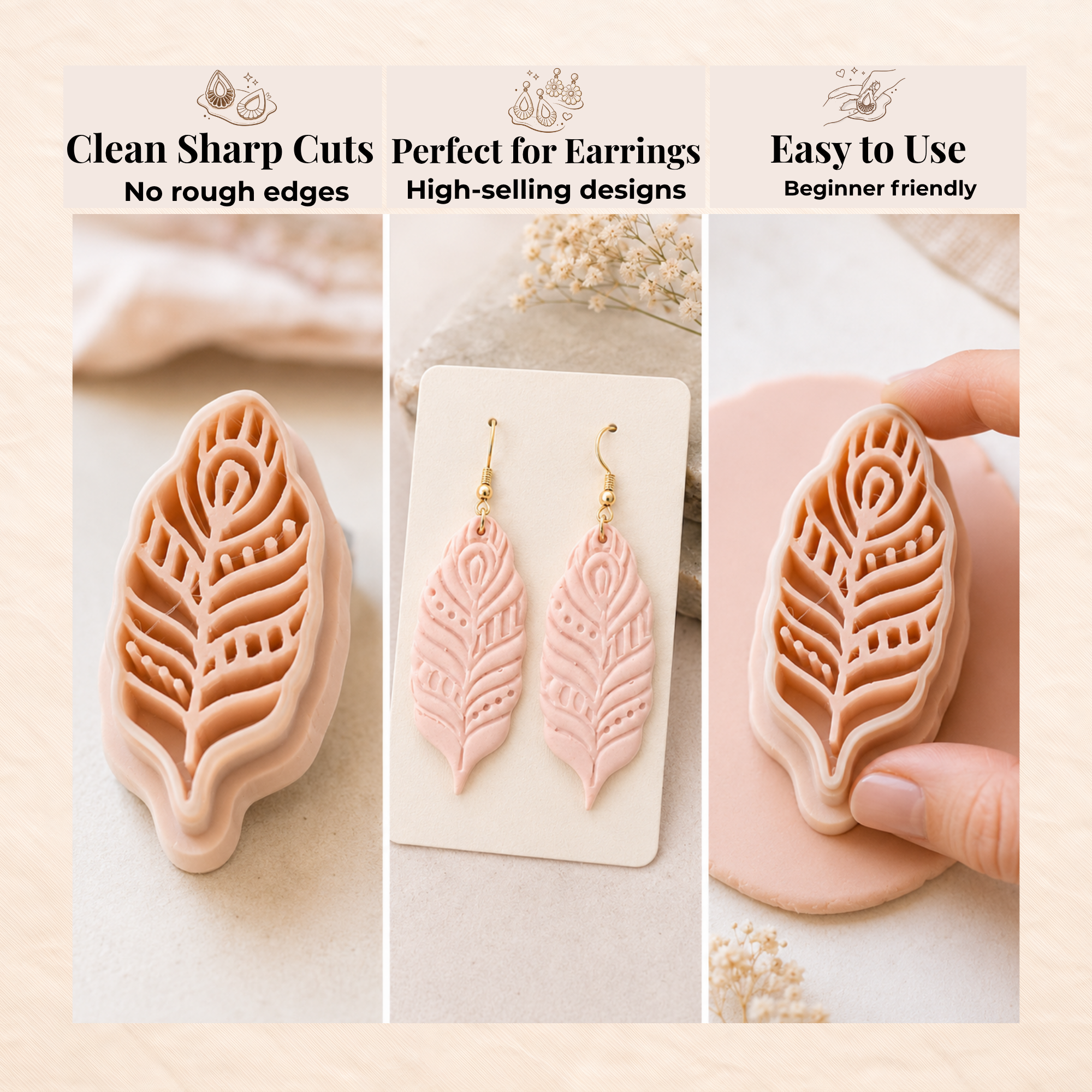 Feather 2 Polymer Clay Cutter | 30–50mm | Feather Shape Clay Cutter | Earring Jewellery Making Tool