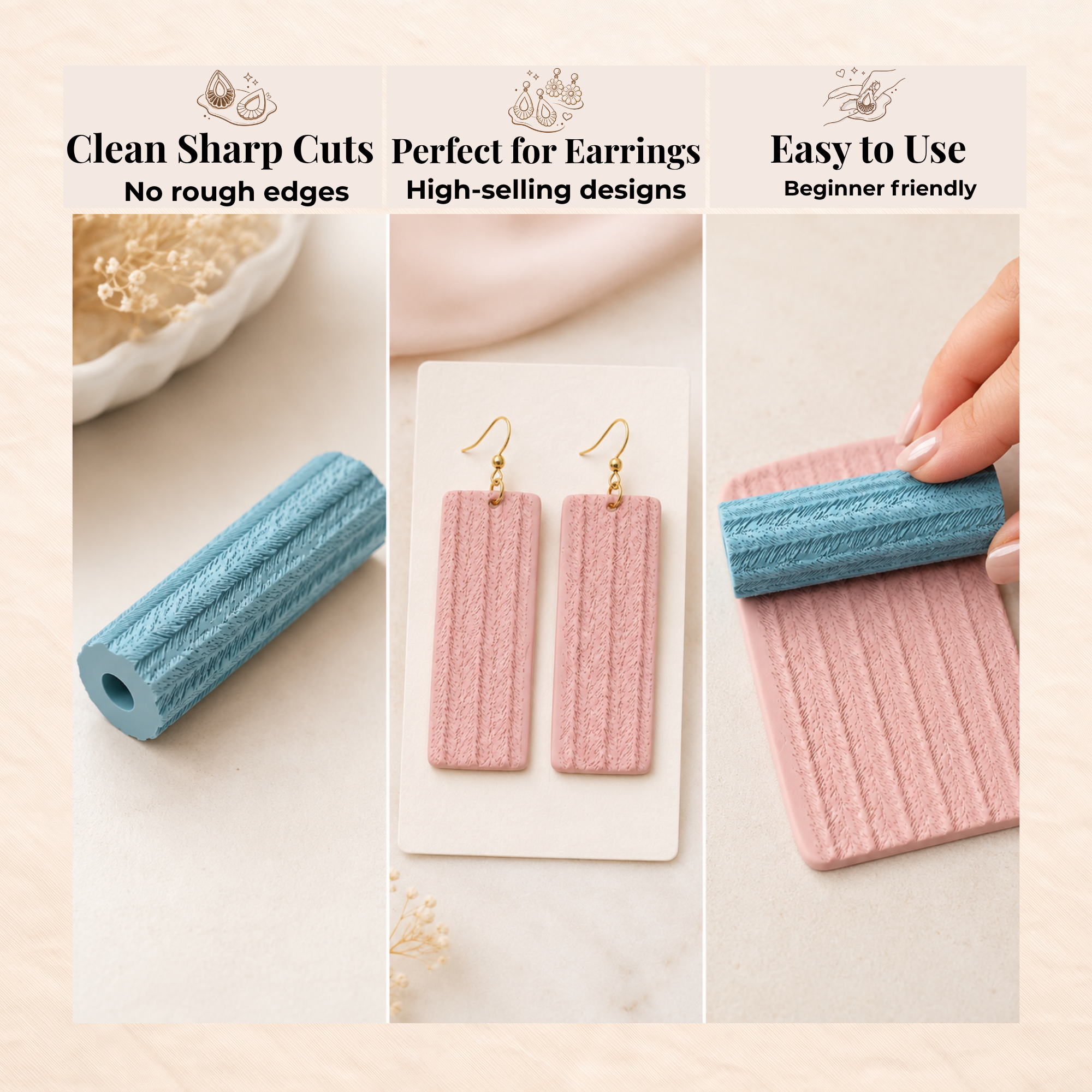 Feather Trace Texture Roller for Polymer Clay | 24x80mm | Feather Pattern Clay Roller | Jewellery Making Tool