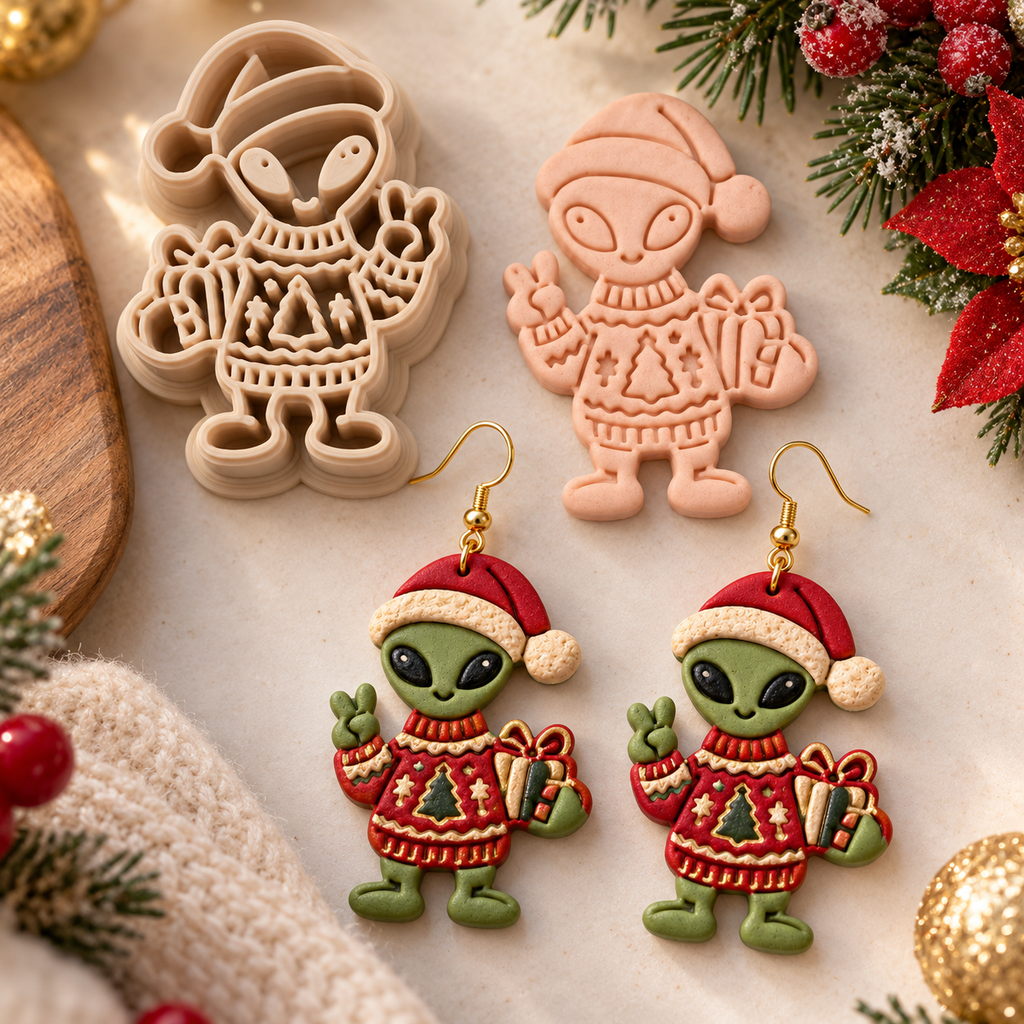 Festive Alien with Gift Polymer Clay Cutter | Funny Christmas Earring Tool