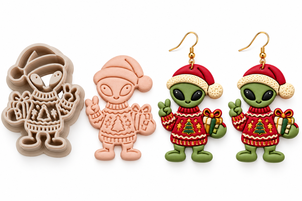Festive Alien with Gift Polymer Clay Cutter | Funny Christmas Earring Tool