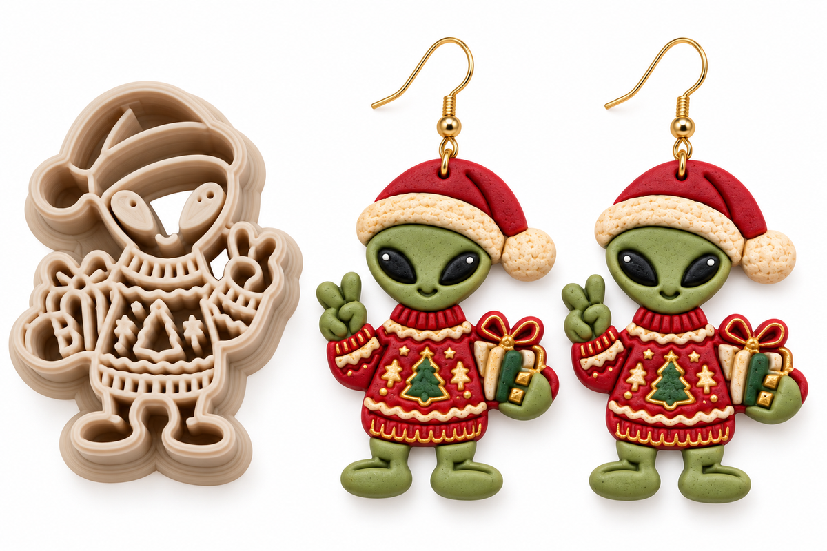 Festive Alien with Gift Polymer Clay Cutter | Funny Christmas Earring Tool