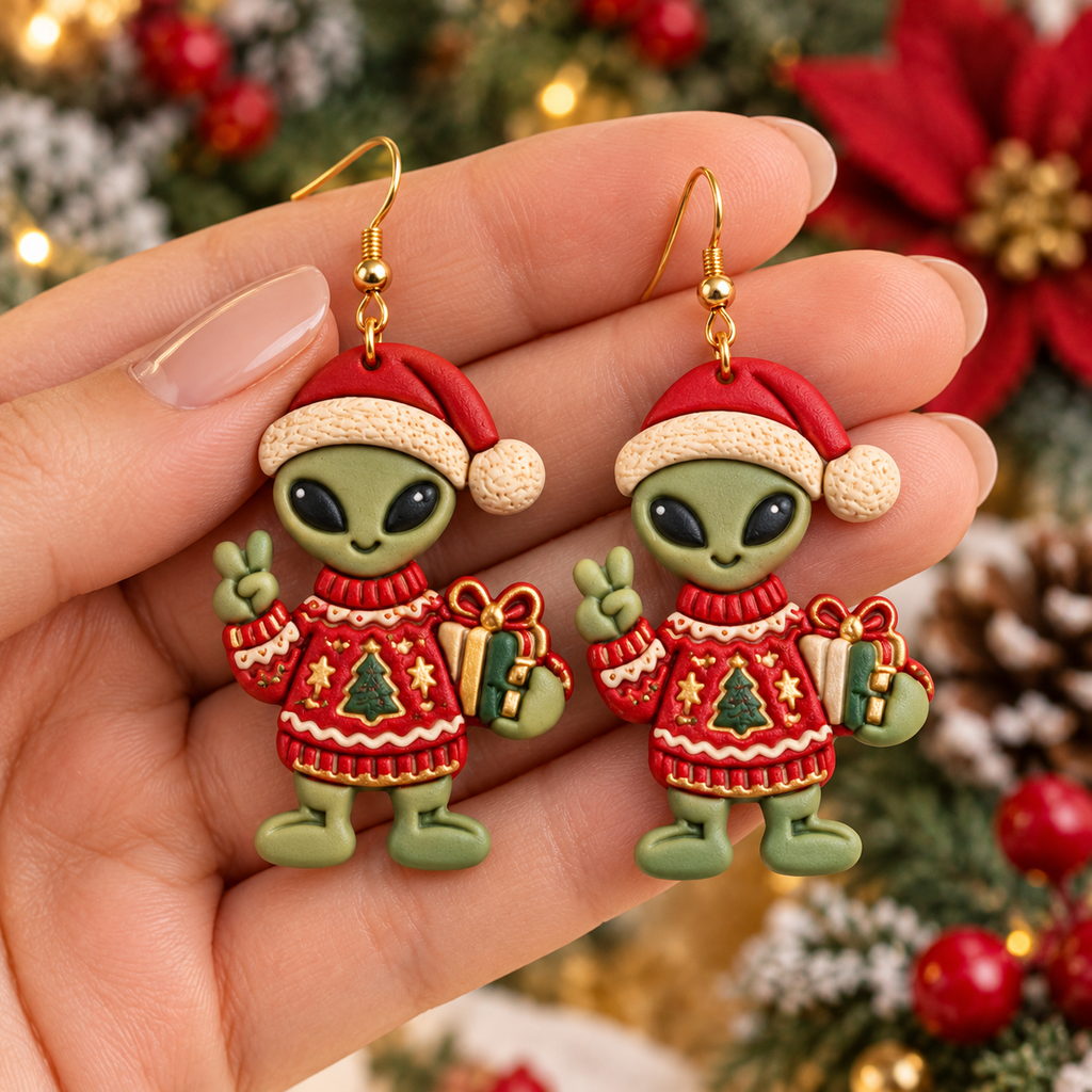 Festive Alien with Gift Polymer Clay Cutter | Funny Christmas Earring Tool