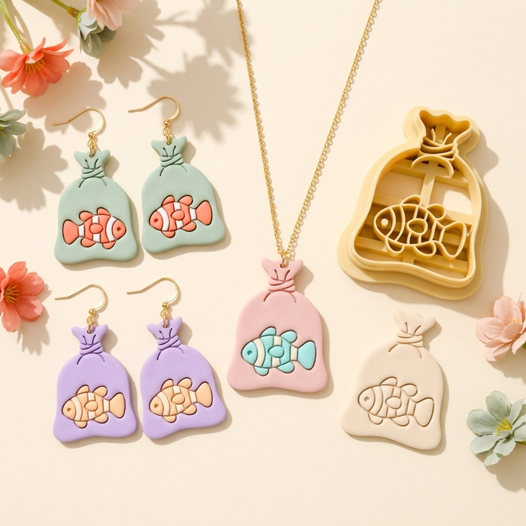 Fish in a Bag Polymer Clay Cutter | 25–45mm Novelty Earring Cutter | IrisCrafts7