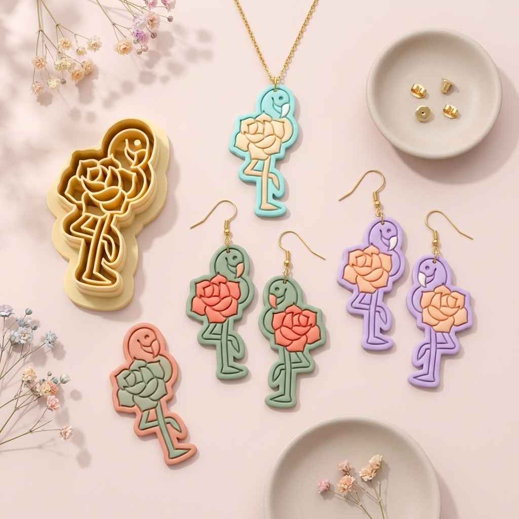 Flamingo Rose Polymer Clay Cutter | 30–50mm Tropical Floral Earring Cutter | IrisCrafts7