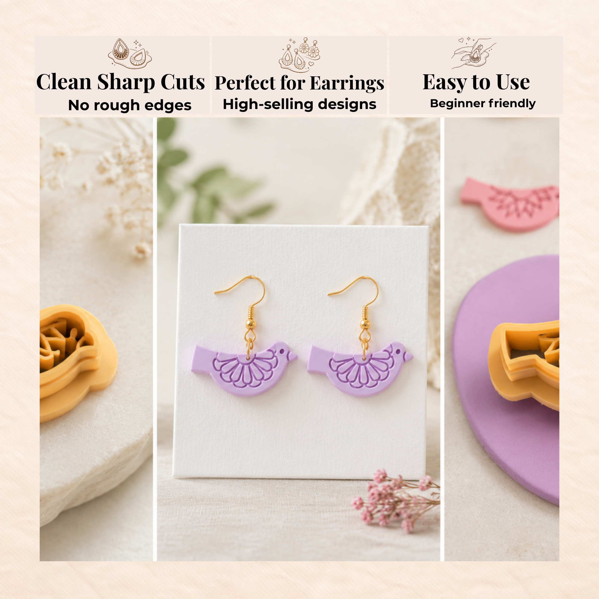 Floral Birds Pack Polymer Clay Cutter Set of 4 | 20–45mm | Bird Shape Clay Cutter Set | Earring Jewellery Making Tool