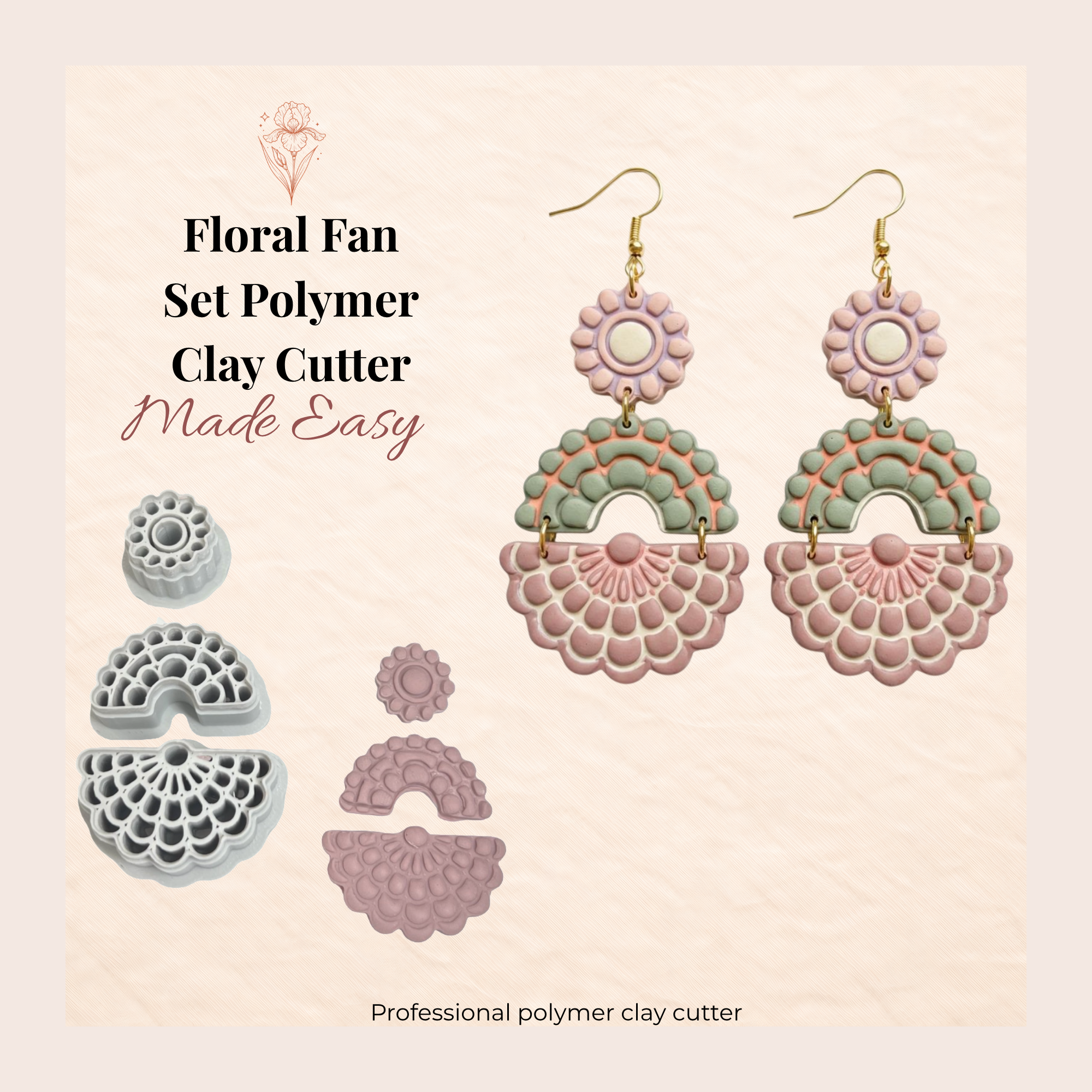Floral Fan Set Polymer Clay Cutters 30–50mm | 3pc Botanical Earring Cutter Set | IrisCrafts7