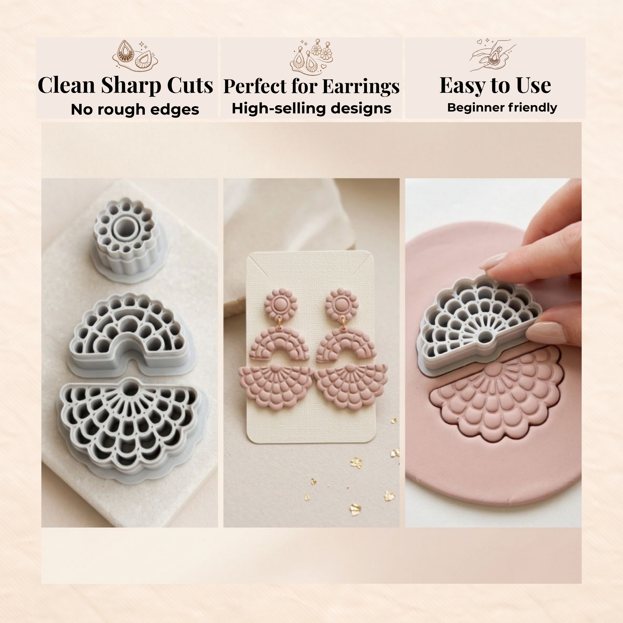 Floral Fan Set Polymer Clay Cutters 30–50mm | 3pc Botanical Earring Cutter Set | IrisCrafts7