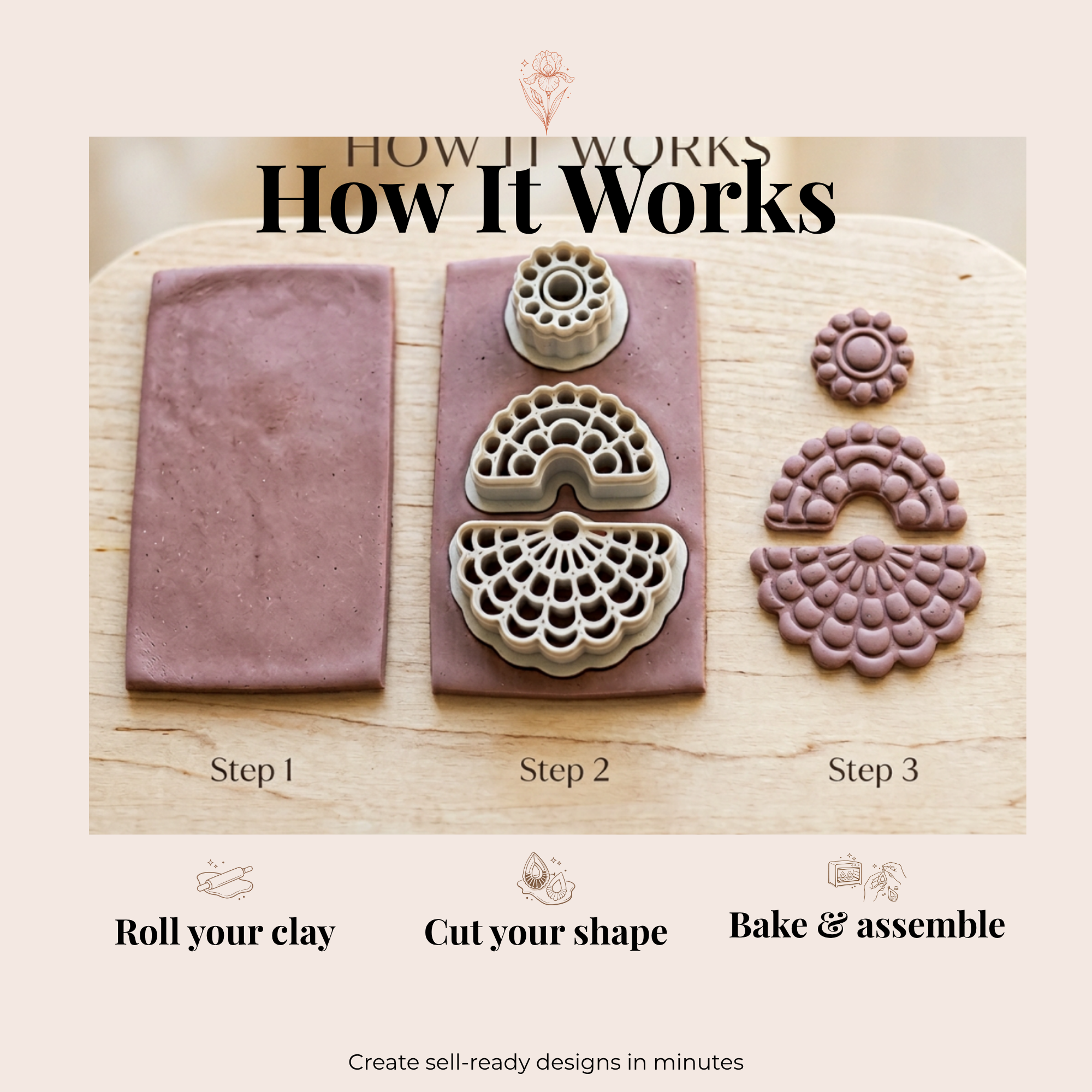 Floral Fan Set Polymer Clay Cutters 30–50mm | 3pc Botanical Earring Cutter Set | IrisCrafts7