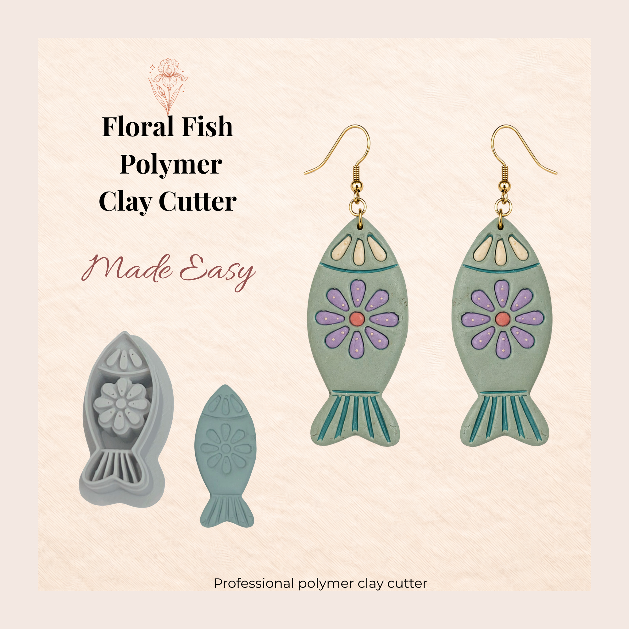 Floral Fish Polymer Clay Cutter 25–40mm | Whimsical Earring Cutter | IrisCrafts7