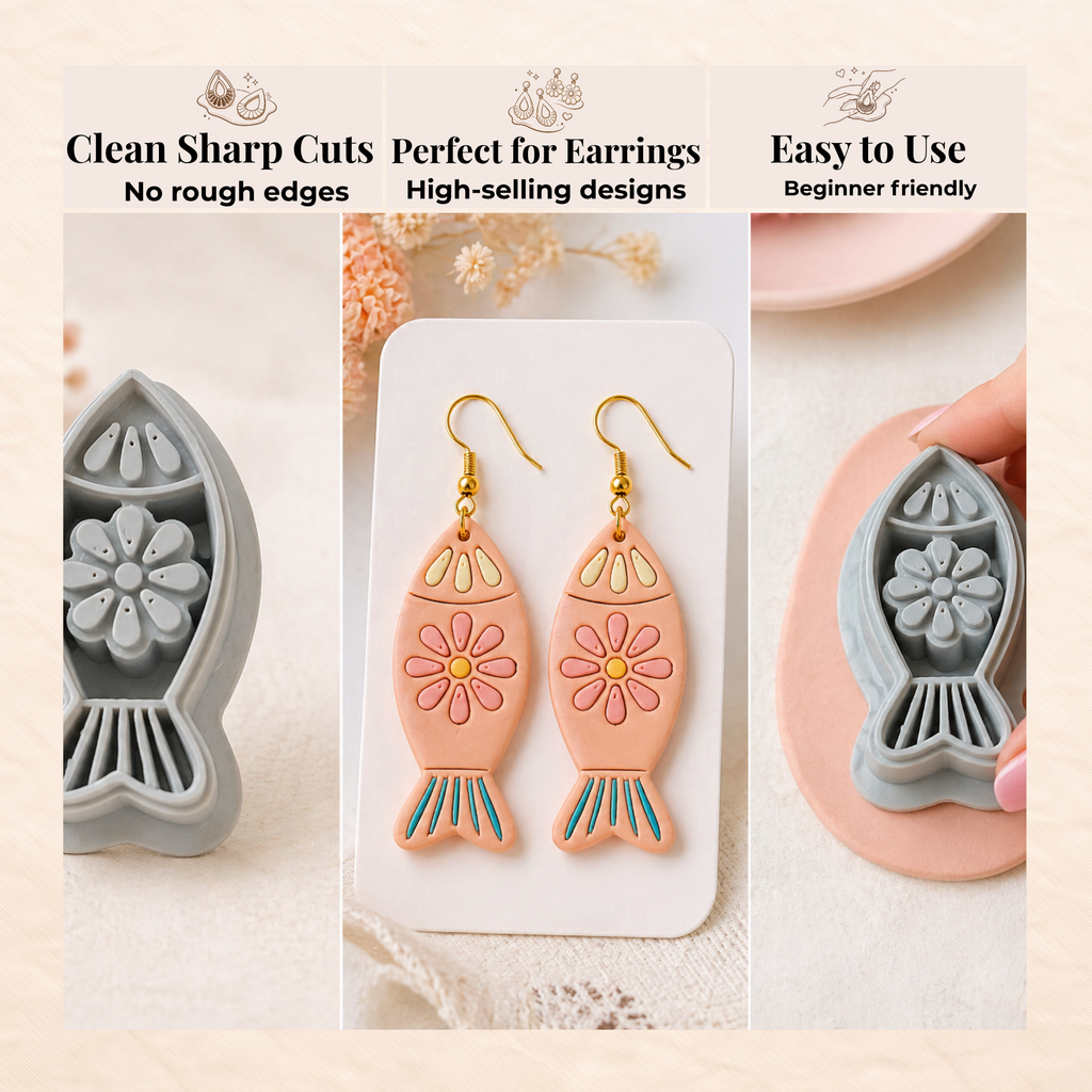 Floral Fish Polymer Clay Cutter 25–40mm | Whimsical Earring Cutter | IrisCrafts7