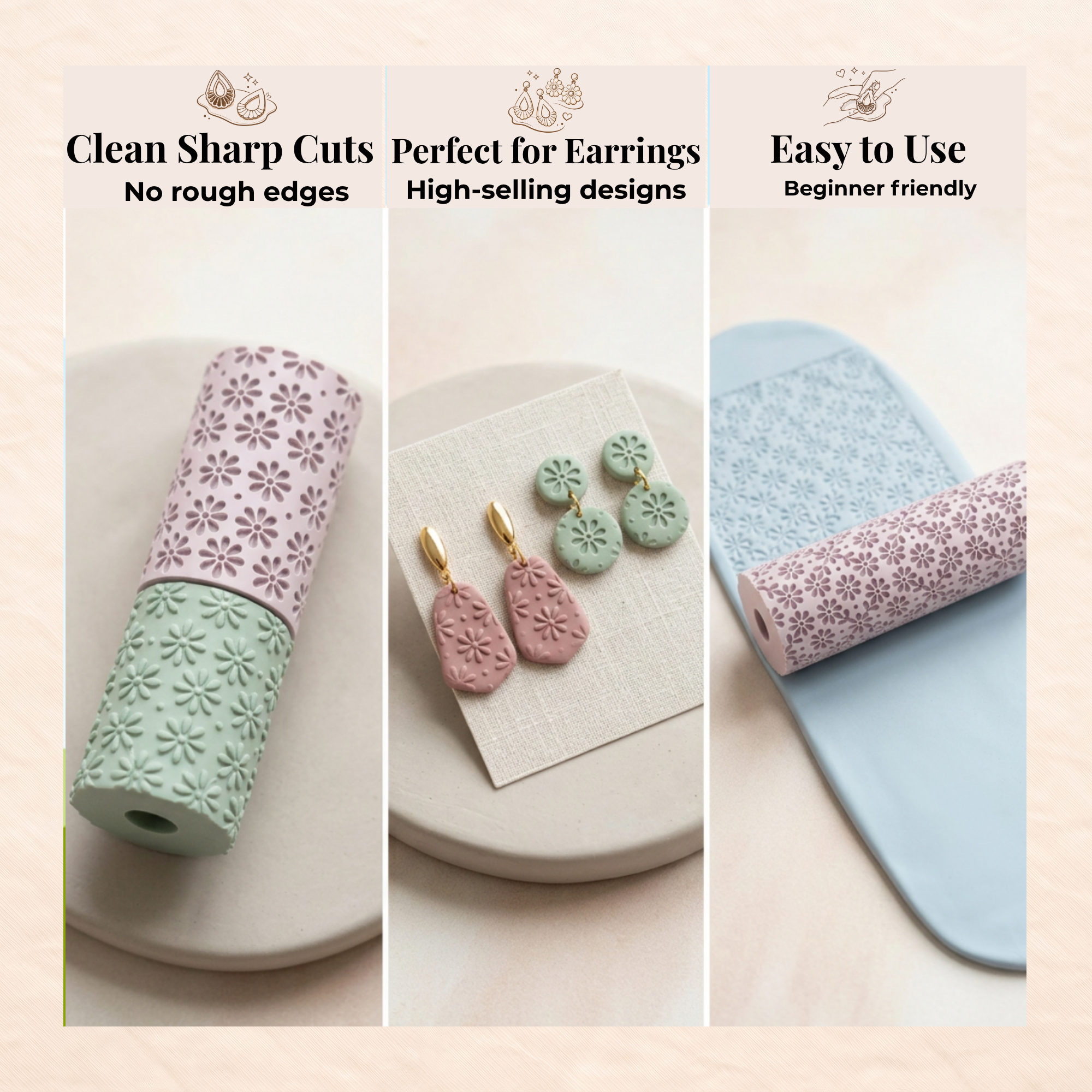 Floral Lattice Texture Roller for Polymer Clay | 3D Printed Clay Texture Tool | Floral Pattern Roller for Clay Jewellery Making | Clay Tool
