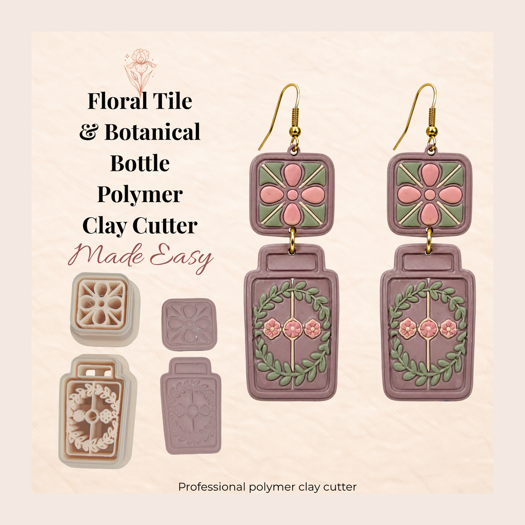 Floral Tile & Botanical Bottle Polymer Clay Cutter 30–50mm | Boho Earring Cutter | IrisCrafts7