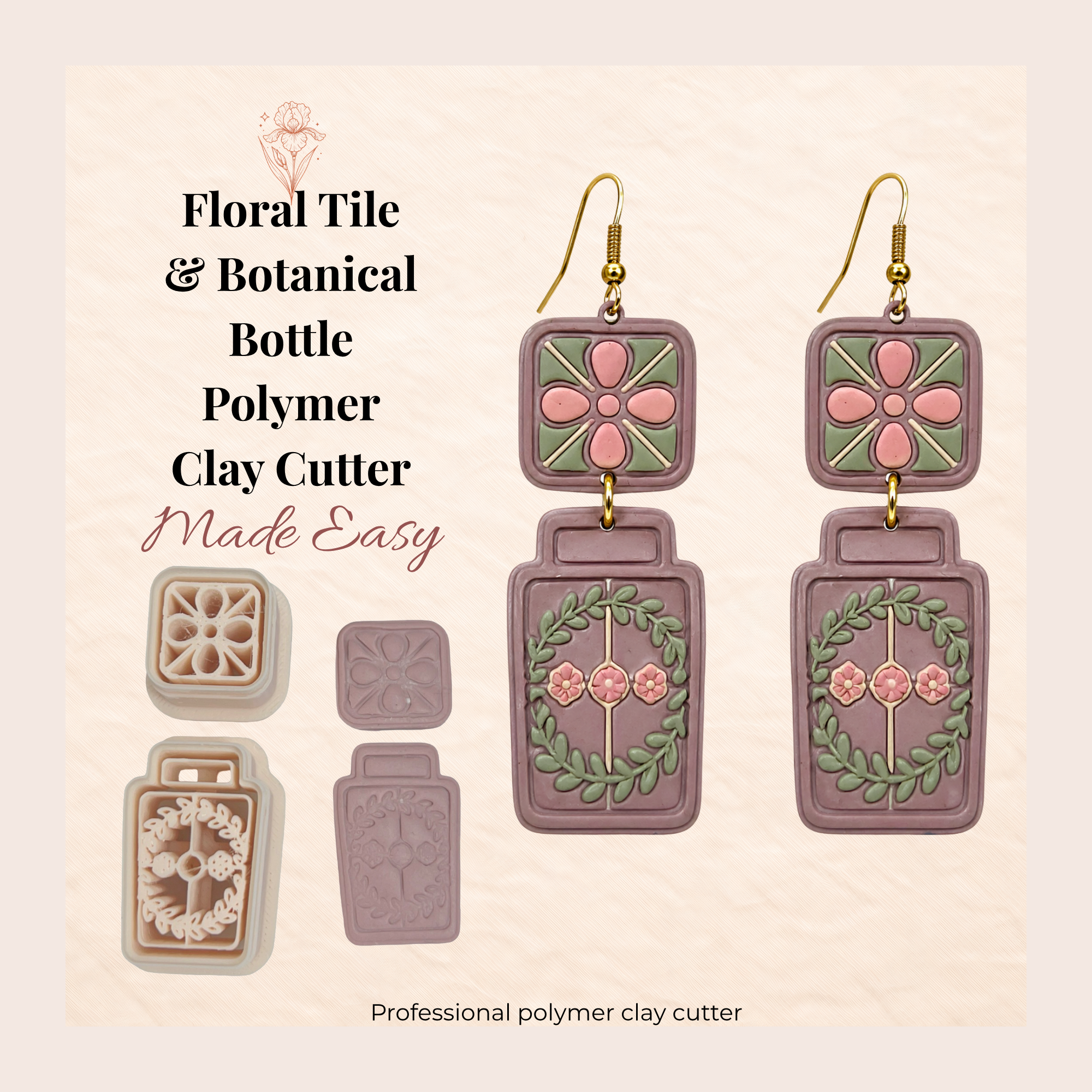 Floral Tile & Botanical Bottle Polymer Clay Cutter 30–50mm | Boho Earring Cutter | IrisCrafts7