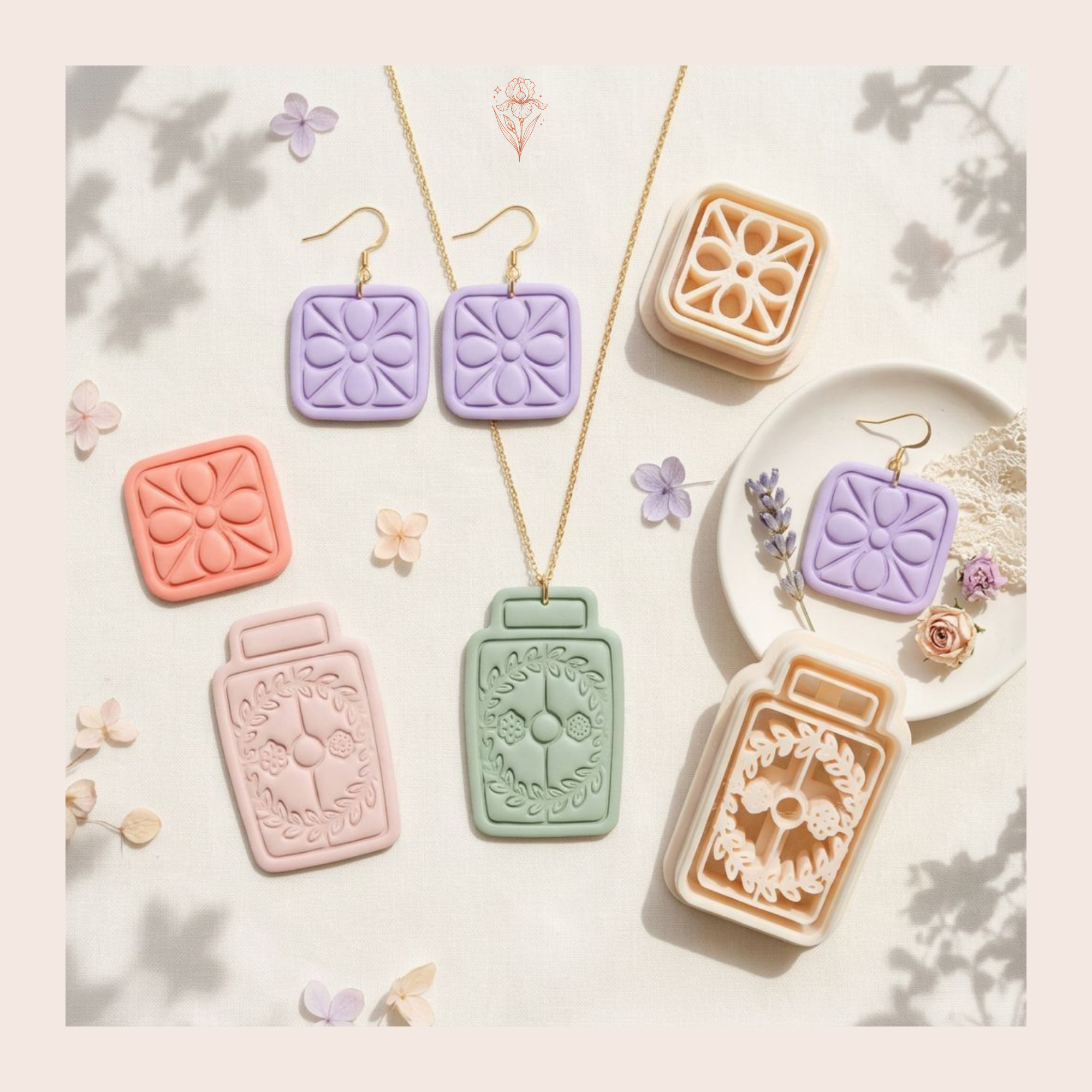 Floral Tile & Botanical Bottle Polymer Clay Cutter 30–50mm | Boho Earring Cutter | IrisCrafts7