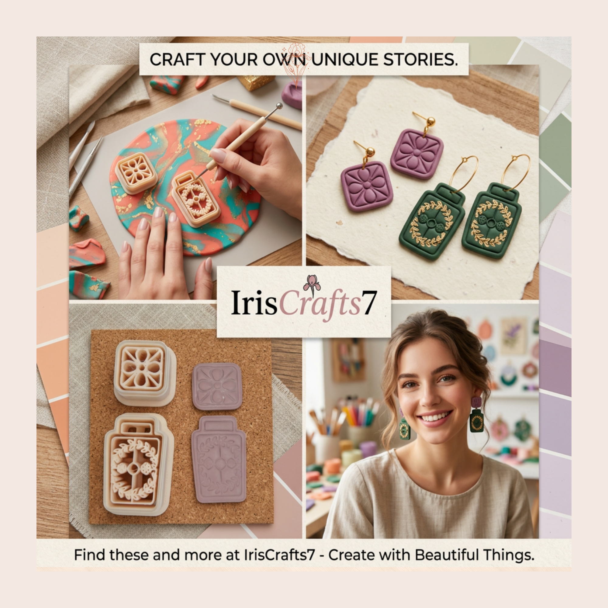 Floral Tile & Botanical Bottle Polymer Clay Cutter 30–50mm | Boho Earring Cutter | IrisCrafts7
