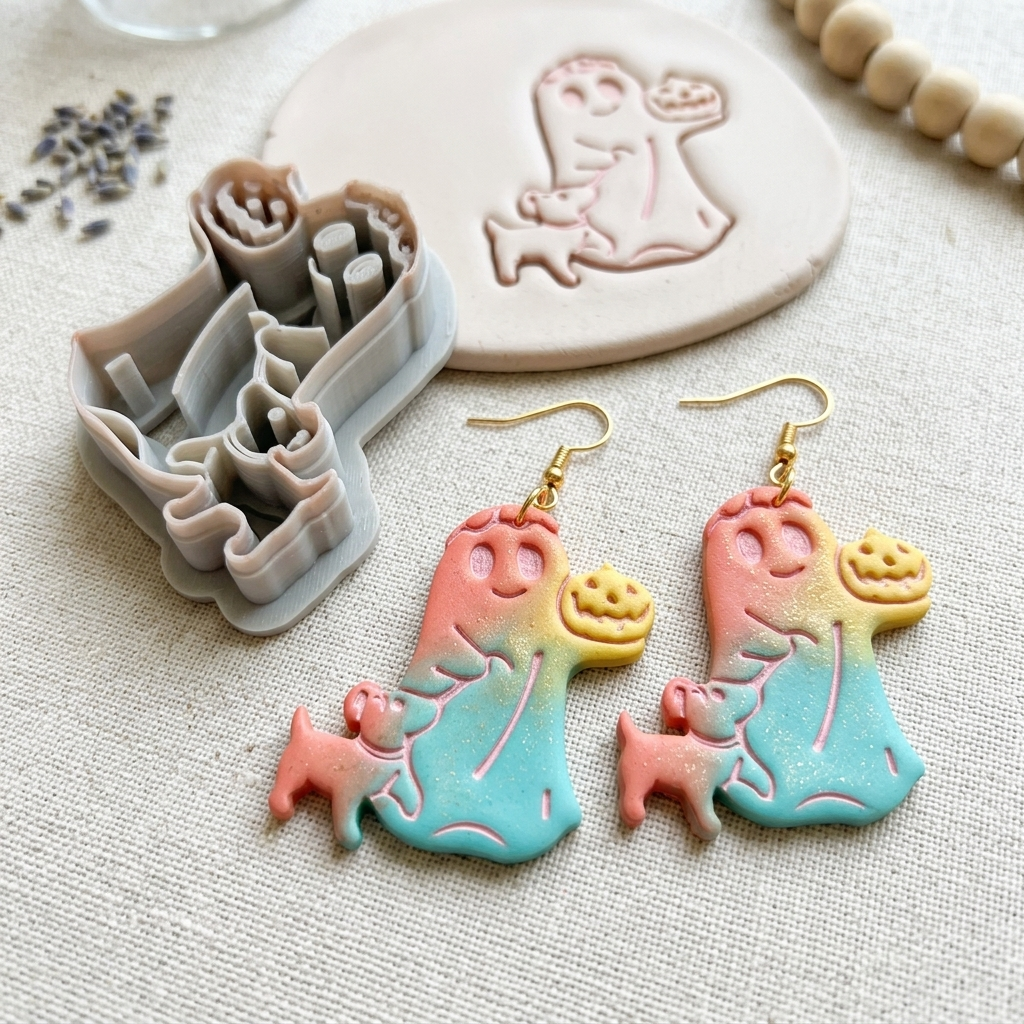 Flower-Crowned Ghost and Puppy Trick-or-Treating Polymer Clay Cutter | Cute Halloween Tool