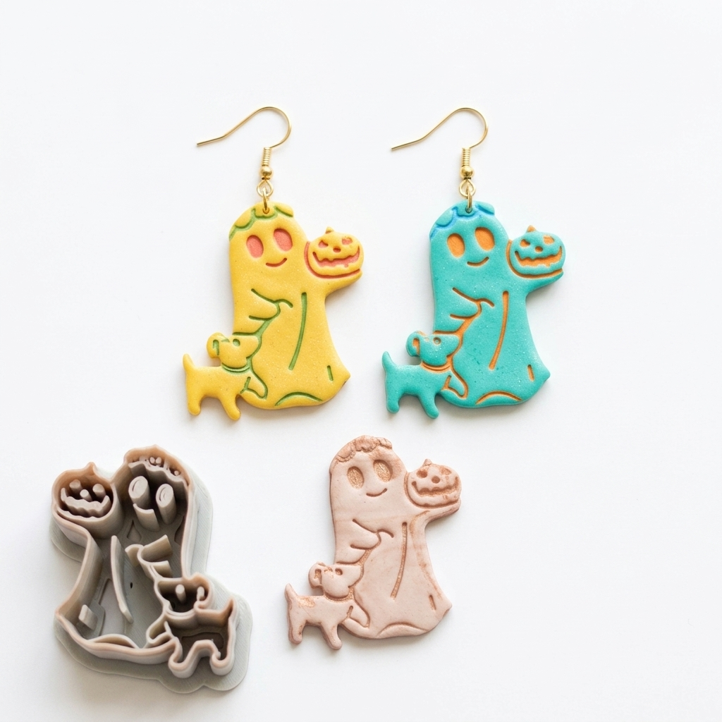 Flower-Crowned Ghost and Puppy Trick-or-Treating Polymer Clay Cutter | Cute Halloween Tool