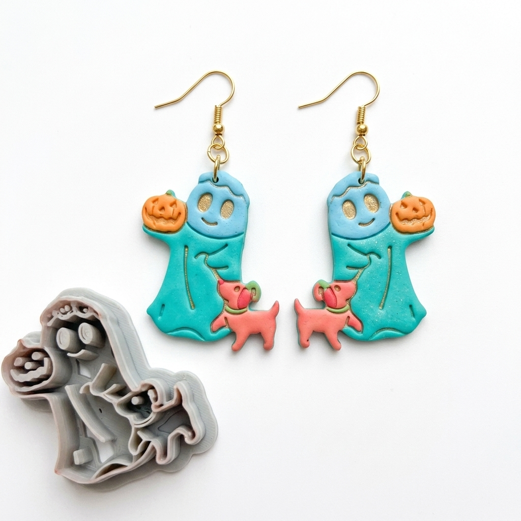 Flower-Crowned Ghost and Puppy Trick-or-Treating Polymer Clay Cutter | Cute Halloween Tool