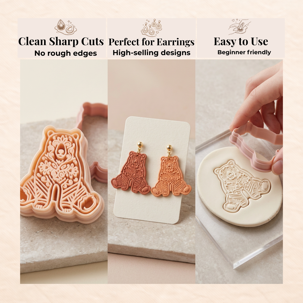 Folk Art Bear Polymer Clay Cutter | Sharp Earring Cutter | Animal Clay Tool | Polymer Clay Jewellery Making